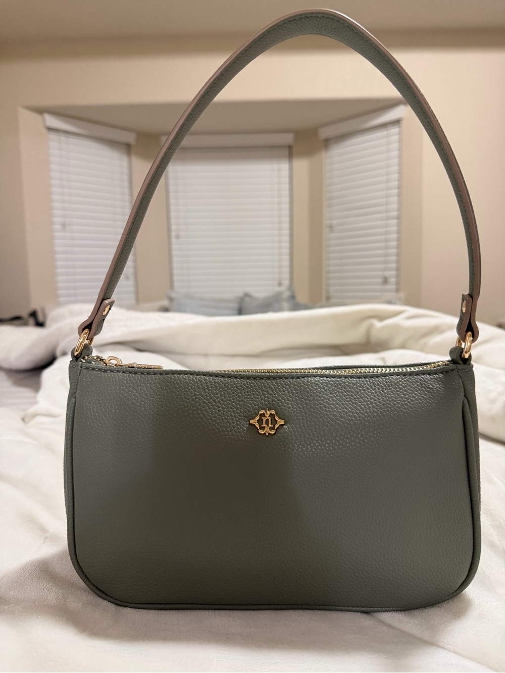 Nanette Lepore sage green pebbled leather shoulder bag with gold logo